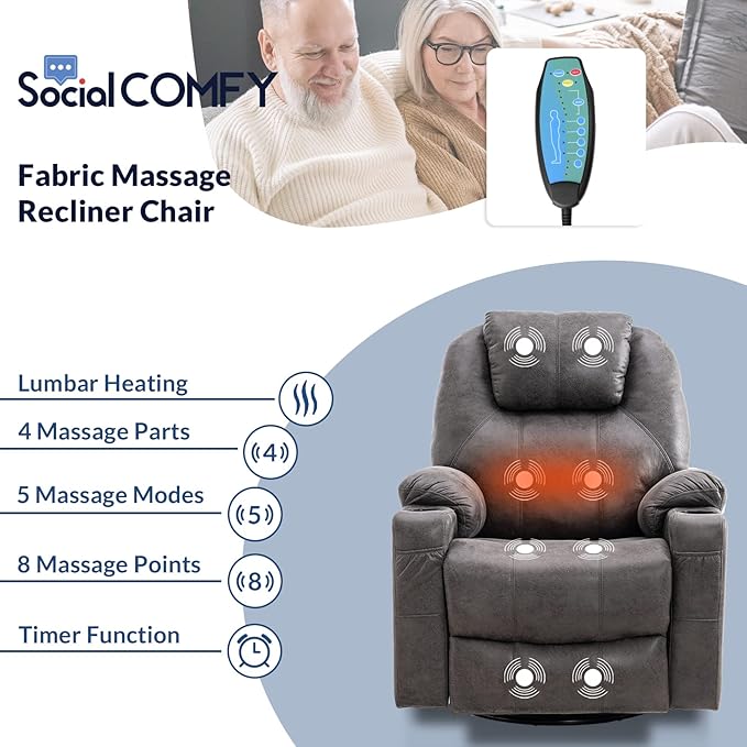 Swivel Glider Rocker Recliner Chair with Heated Massage Ergonomic Lounge 360 Degree Manual Swivel Sofa Seat with 2 Cup Holders Side Pockets &amp USB Ports for Living Room (Gray)