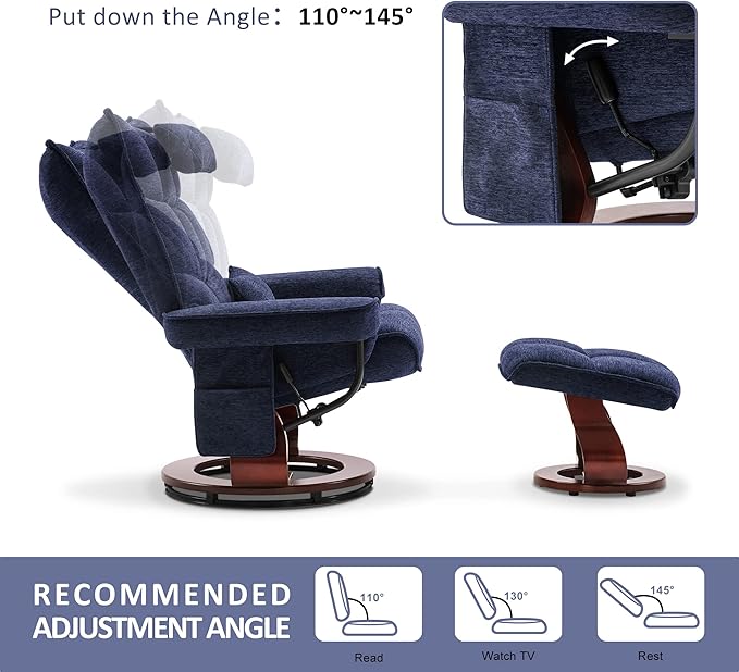 MCombo Swivel Recliner with Ottoman TV Chair Sets with Vibration Massage Ideal for Small Space Living Room &amp Bedroom 4188 (Blue)