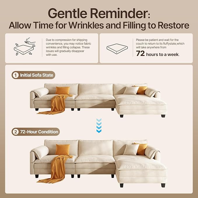 107 L Shaped Modular Sectional Cloud Couch with Pillow Deep Seat Sofa Couches for Living Room 4-Seat Modern Sofa with Movable Ottoman Comfortable Living Room Couch (Beige 107 Inch-L)