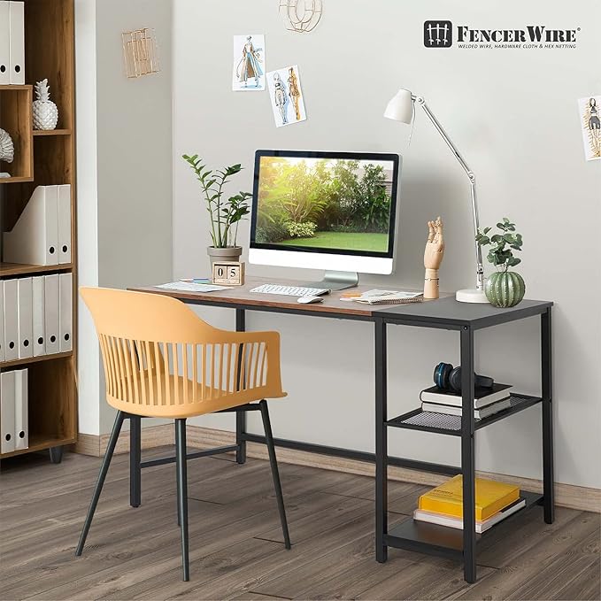 Fencer Wire 40 Inch Home Office Computer Desk with 2-Tier Storage Shelves Study Writing Desk Simple Industrial Modern PC Workstation with Splice Board Rustic Oak Wooden Table and Metal Frame