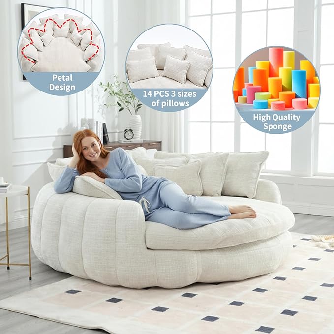 81 Oversized Round Sofa Bed Large Chenille Bean Bag Chair No Assembly Required Cloud Couch Fluffy Plush Chaise Lounge Chair Indoor Modern Sleeper Sofa with Deep Seat for Living Room (Beige)