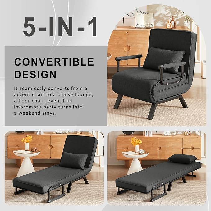 Convertible Sleeper Chair 5 in 1 Folding Sofa Bed with 5-Position Adjustable Backrest &amp Pillow Floor Single Chairs Cozy Futon Chair for Small Spaces Apartment Bedroom Office (Black)
