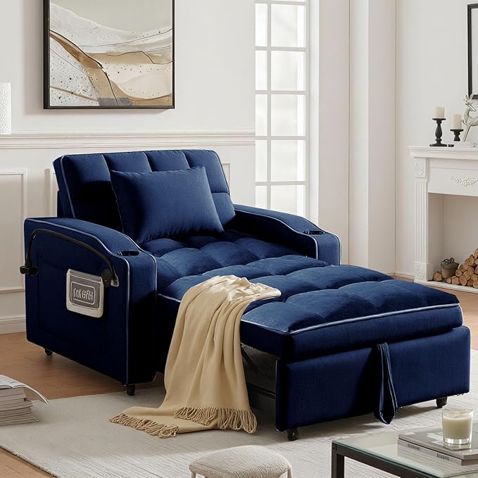 Sleeper Chair Convertible Pull Out Chair Sleeper with Bracket and Cup Holder Chairs Bed Sleepers for Adults 3 in 1 Sofa Bed Chairs for Small Spaces Living Room Blue