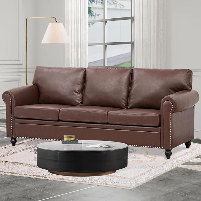 Brown Faux Leather Couch Comfy Classic 3 Seater Living Room SofaMid-Century Modern Sofa with Detachable Cushions 84 for Living Rooms Bedrooms OfficesApartments Tool-Free Assembly(Brown)