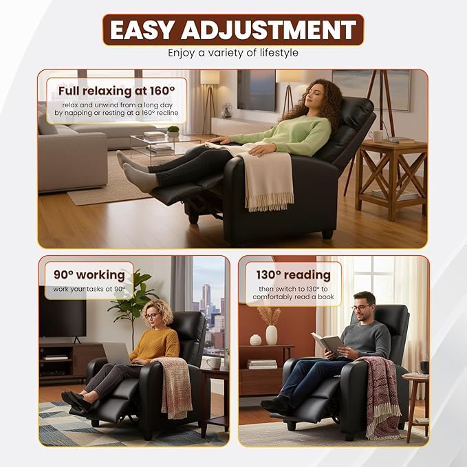 FDW Recliner Chair for Living Room Home Theater Seating Single Reclining Sofa Lounge with Padded Seat Backrest (Black)