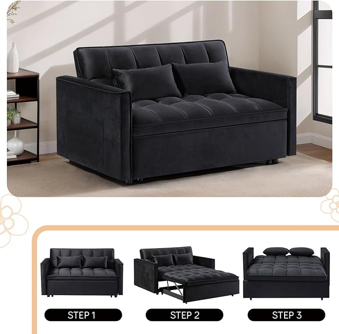 3 in 1 Convertible Sleeper Sofa Futon BedModern Velvet Pull Out Couch Bed with Reclining Backrest&amp2 Pillows54 Full Size Small Love Seat Lounge Couches for Small SpacesLiving Room (Black)