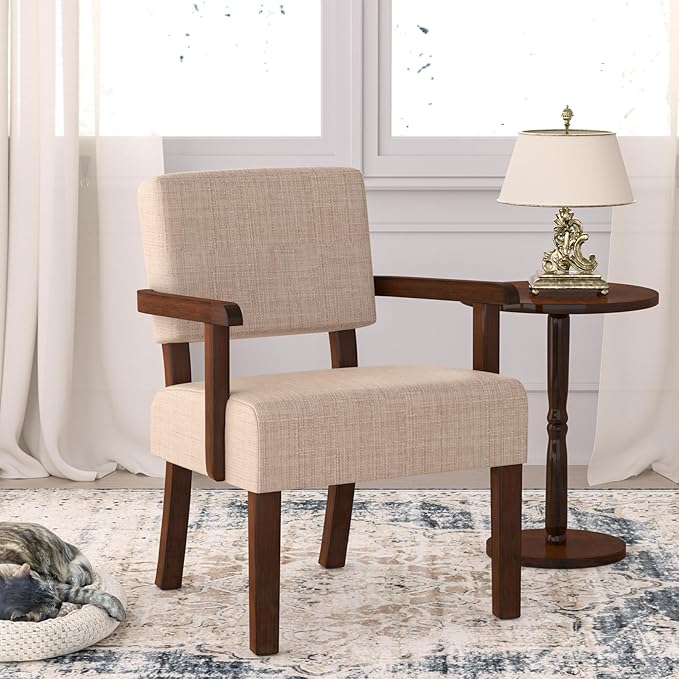 Accent ChairArmchairs with Solid Wood Frame and LegsUpholstered Reading Leisure Chair for BedroomOfficeWaiting Room (Linen Beige One Chair)
