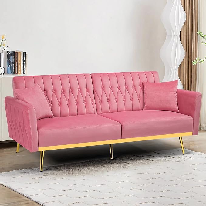 70 Velvet Futon with Adjustable Backrest and Armrests Sofa Bed with Extra Pillows for Waiting Room Living Room and Office Pink