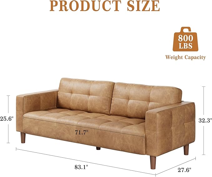 IDEALHOUSE 3-Seater Sofa Couch 83 Wide Faux Leather Sofa Couch with Spring Cushion Modern Sofa with Deep Seats and 2 Removable Back Cushions