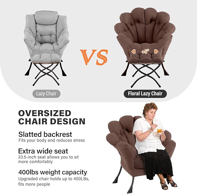 Lazy Chair with Ottoman Modern Floral Reading Chair with Folding Footrest Dark Brown Accent Chairs Comfortable Oversized Armchairs for Bedroom Living Room Courtyard