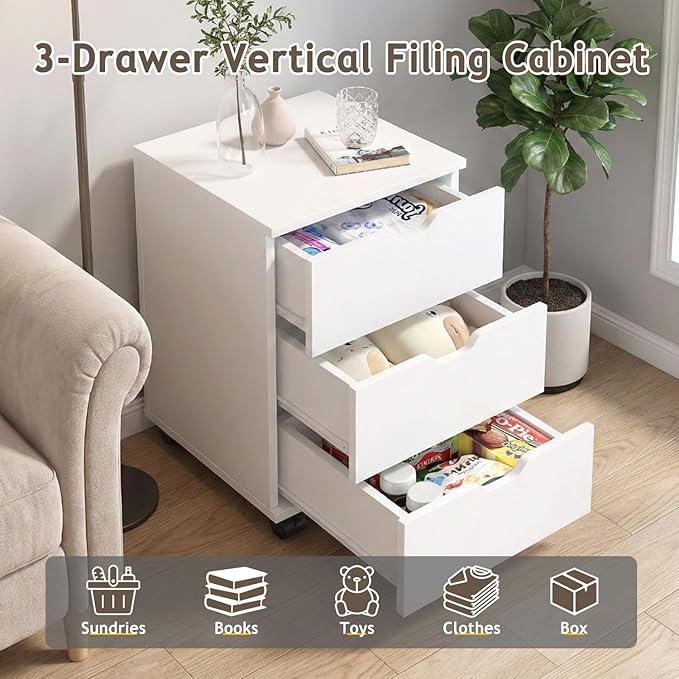 3 Drawer File Cabinet for Home Office 3-Drawer Vertical Filing Cabinet Rolling Wood Mobile File Cabinets Under Desk for Home Office with Casters (White)