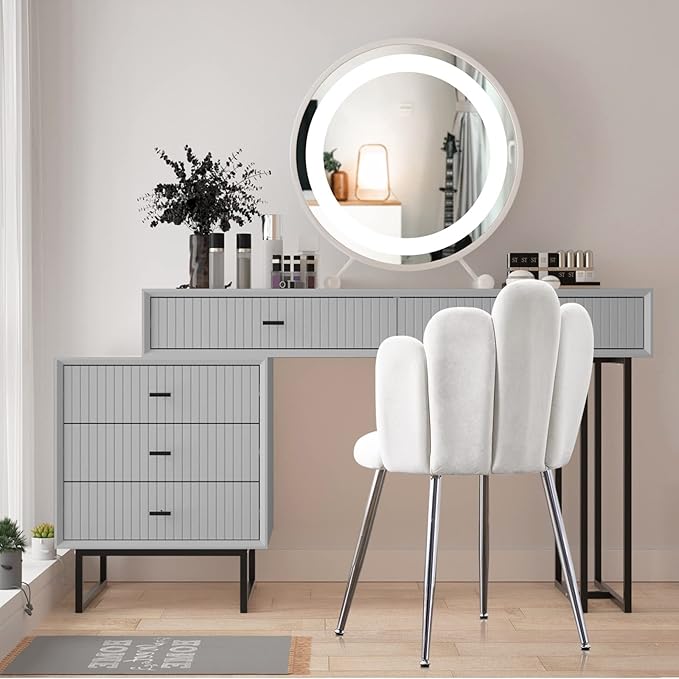 Vanity Chair for Makeup Room - Midcentury Modern Accent Chair for Living Room Bedroom Velvet Chair with Back Support and Metal Legs (White)
