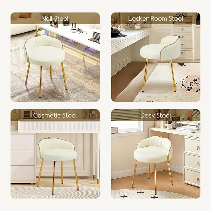Cute Vanity Chair with Back Small Armless Leather Makeup Desk Chair No Wheels Modern Swivel Accent Vanity Stools with Gold Legs for Vanity Bedroom Dress Room Beige