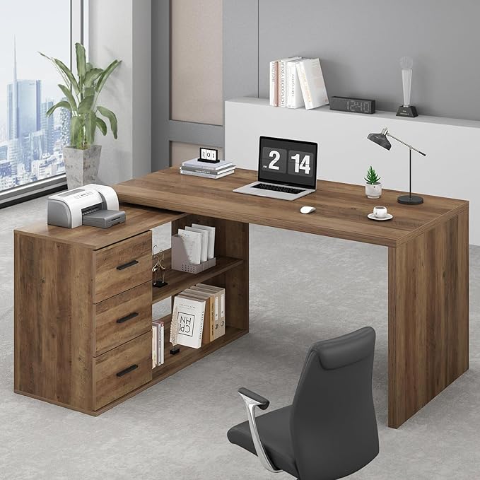 HSH L Shaped Desk with Storage Drawers Shelves Large Corner Computer Table in Home Office Industrial Wood Desk for Executive Writing Work Study Rustic Oak 55 Inch