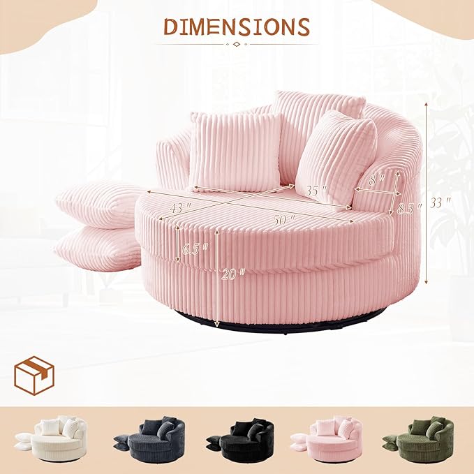 360 Degree Oversized Swivel Chair 50 Round Lounge Chair Modern Accent Circle Chair W/ 5 Pillows Upholstered Corduroy Sofa Chair for Living Room Bedroom Apartment Pink