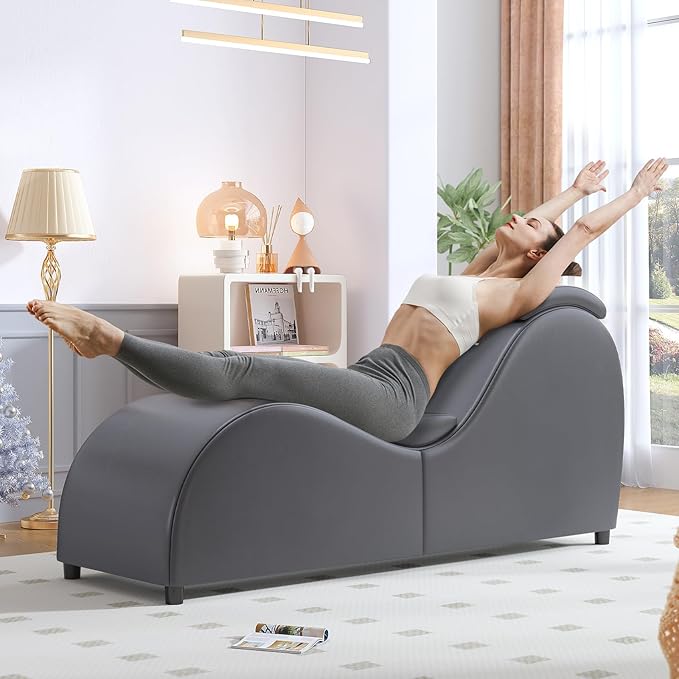 BALUS 60'' Yoga Chairs for Adults Stretching Exercising Relaxing Faux Leather &amp Wooden Sleek Yoga Sofa Chaise Lounge Chair with Adjustable Head Cushion for Living Room Apartment Office Dark Gr
