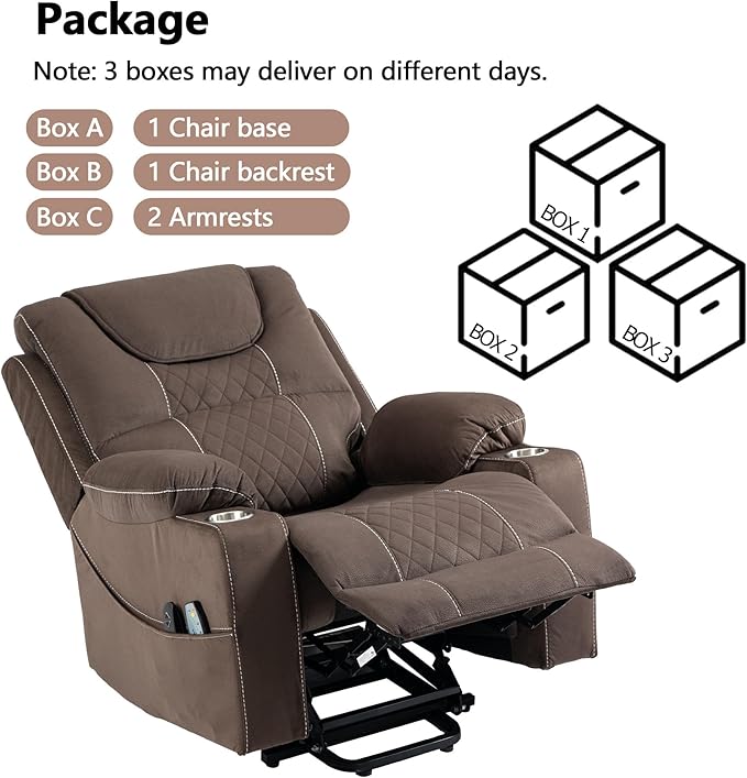 Large Power Lift Recliner Chair Sofa with Massage and Heat for Big and Tall ElderlyInfinite PositionsSingle MotorCup Holdersand USB PortsVelvet Home Theater Seat