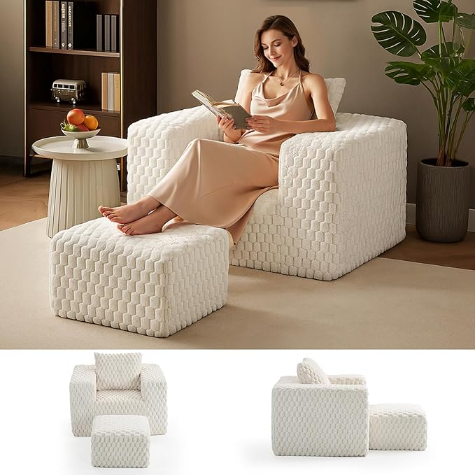 43 Boneless Couch Chair with Ottoman Comfy Lounge Sofa Couch with Pillow Corduroy Lounge Chair Single Upholstered Armchair Reading Chairs for Living Room Bedroom No Assembly Required White