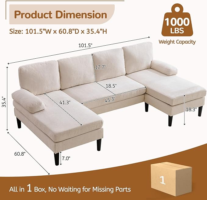 101 U-Shape Sectional Couch for Living Room 4 Seat Sofa with Removable Pillows Modern Chenille Fabric Sets with Double Chaise Lounges for Apartment&ampSmall Space Beige