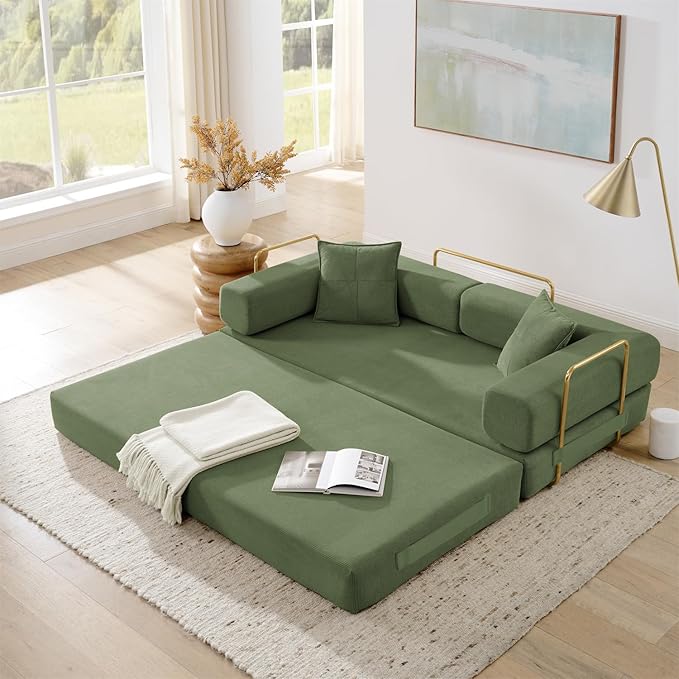 4-in-1 Folding Convertible Sofa Bed 78 Inch Oversized Corduroy Upholstered Boneless Couch Loveseat Sleeper with Pull Out Bed Floor Sofa Modular Futon Couch for Living Room Bedroom Lounge Green