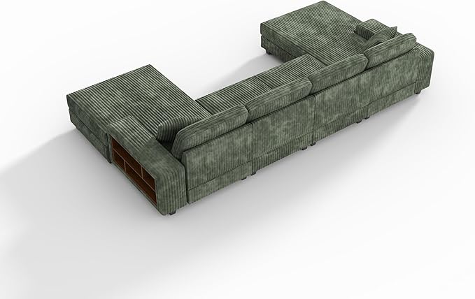 137” Oversized Corduroy Sectional Sleeper Sofa with Double Storage Chaise U Shaped 4 Seat Sectional CouchGreen