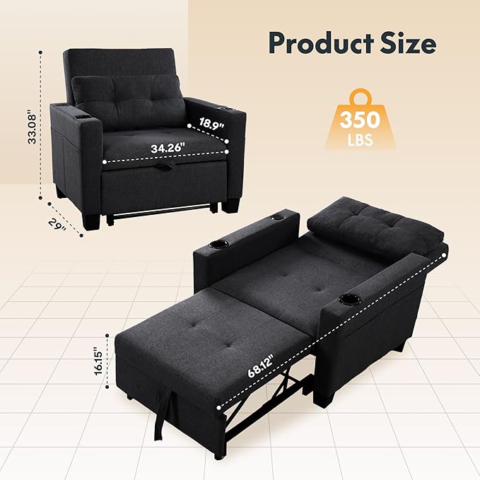 FLEXISPOT XCT2 Sleeper Chair Convertible Pull Out Bed W/Adjustable BackrestSofa Bed Chair 3 in 1 w/USB Port Cup Holders for Living Room Apartment Small Space (Black)