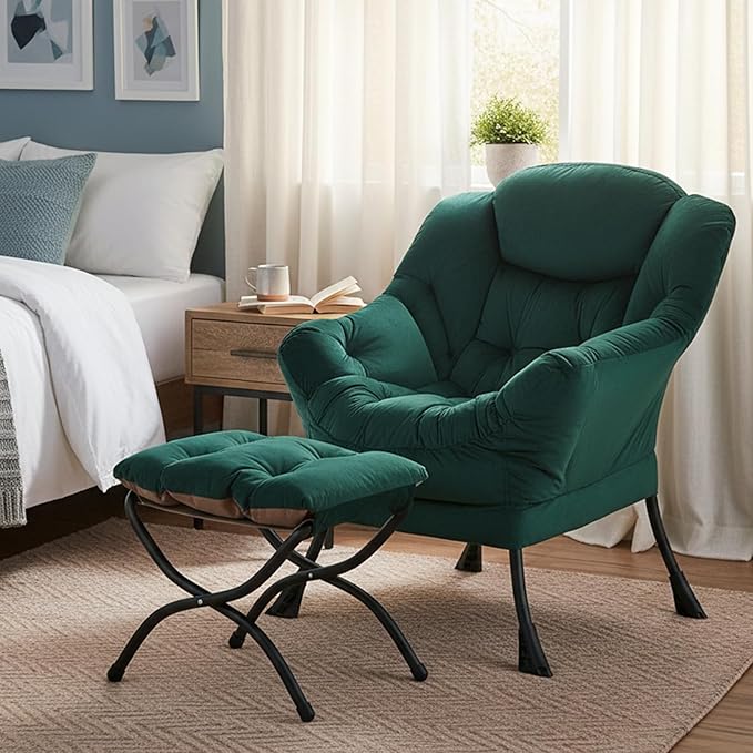 Welnow Lazy Chair with Ottoman Modern Accent Chair with Armrests and a Side Pocket Leisure Sofa Armchair Reading Armchair with Footrest for Small Space Dark Green
