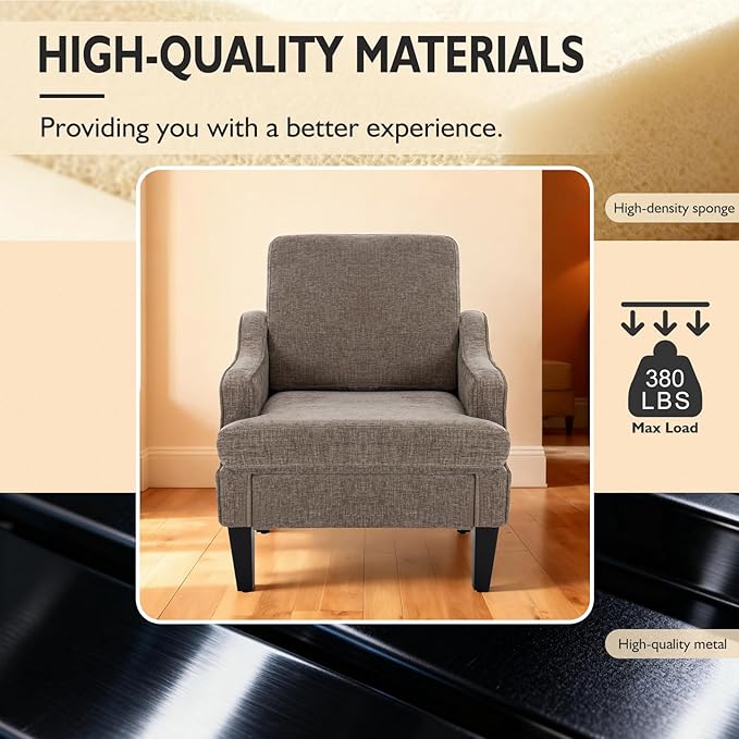 Accent Chair for Living Room Upholstered Living Room Chair with Side Pockets Comfy Accent Chairs for Bedroom Mid Century Modern Armchair for Office Apartment Waiting Room Club (Brown)