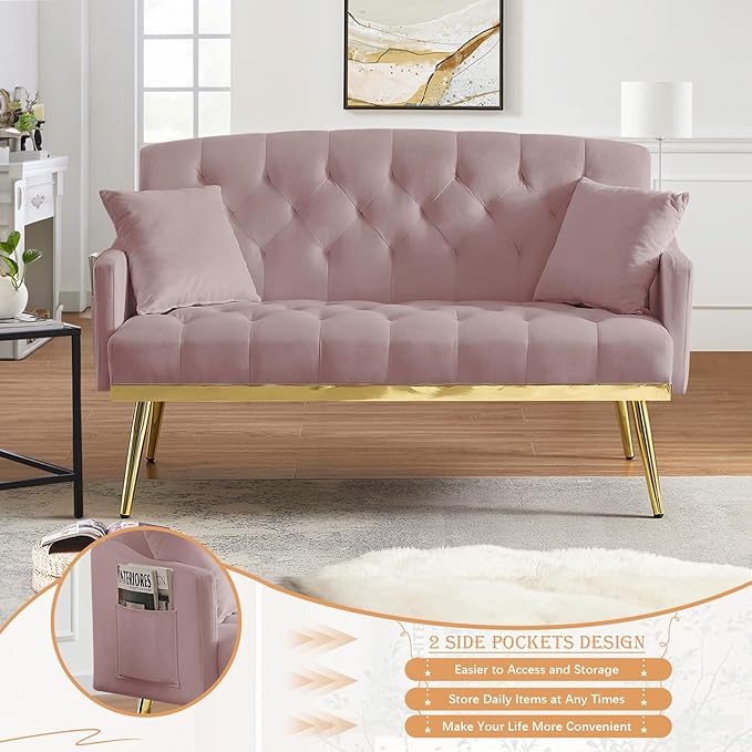 Small Velvet Loveseat Sofa 55.5-inch Modern Sofa Couch with with 2 Side Pockets Modern Tufted Sofas with Golden Metal Legs Upholstered Space Saving Love Seat for Living Room Bedroom Office Pink