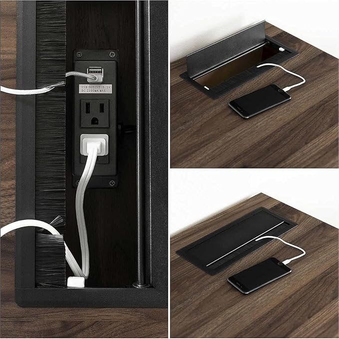 Pemberly Row Computer Desk with Power Bar Natural Walnut Finish Melamine Top Scratch and Water Resistant Scandinavian Style Home Office Desk with Deep Drawers and USB Outlets