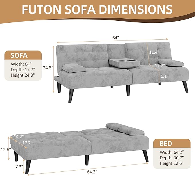 Shintenchi Futon Sofa Bed Velvet Foldable Couch Reclining Sleeper with Removable Armrests Upholstered Loveseat Sofa Couch with Folding Cup Holders for Home Office Light Gray