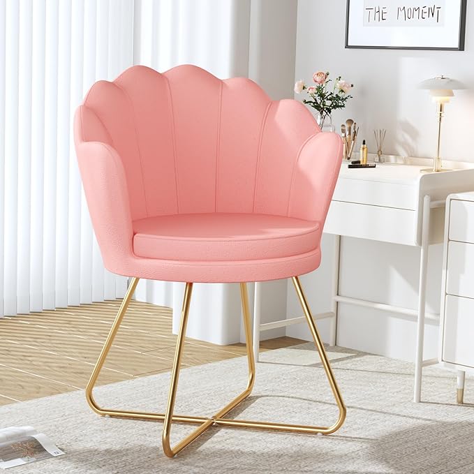 Furniliving Pink Vanity Chairs Velvet Makeup Chair for Bedroom Home Office Desk Chair with Gold Plating Legs Cute Accent Chair for Makeup Room Bedroom Living Room Guest Reception (Velvet Pink)