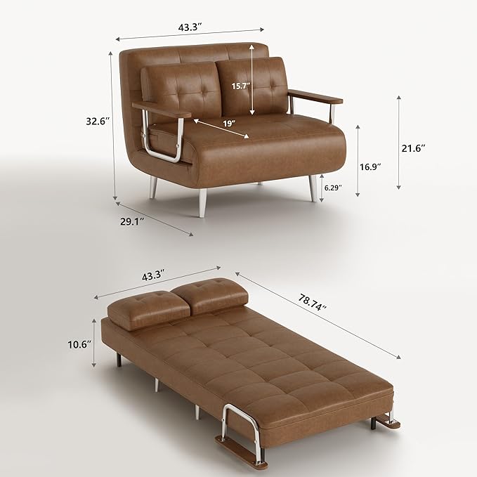 43.3 3-in-1 Modern Faux Leather Convertible Sofa Bed Brown Upholstered Sleeper Sofa with Sturdy Metal Frame &amp High-Density Foam Filling Ideal for Living Rooms Offices &amp Studies