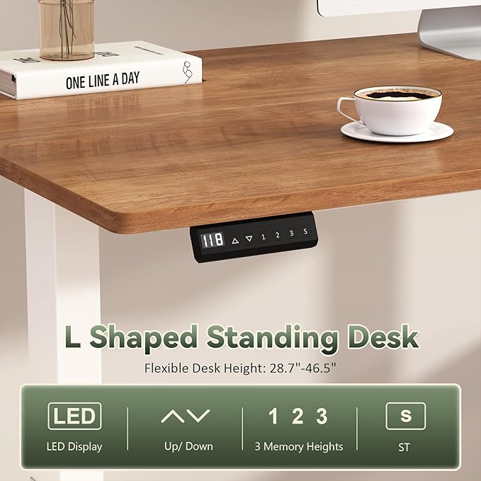 Farmhouse L Shaped Standing Desk 66 inch Corner Electric Standing Desk with Drawers ＆ Storage Shelves Height Adjustable Computer Desk with Power Outlets for Home Office Antique White