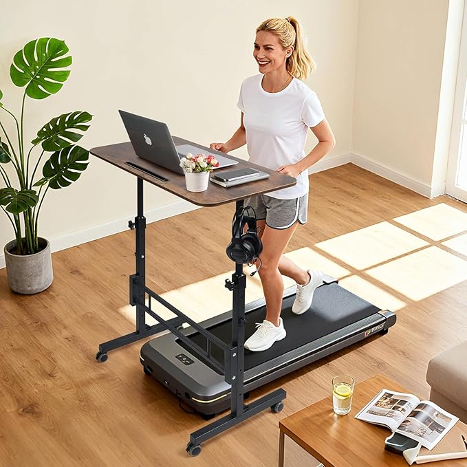 Standing Desk Adjustable Height Rolling Walking Pad Desk Small Mobile Table with Wheels Portable Stand Up Table for Standing or Sitting Size 31.5x15.7 Inch Rustic