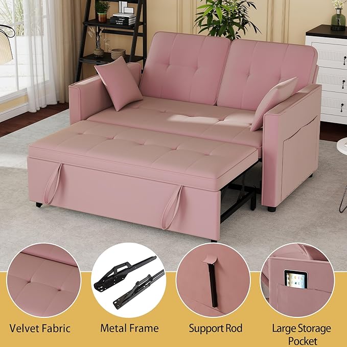 Pink Convertible Sofa Bed: 3 in 1 Sleeper Sofa Couch Bed Pull Out Couch with Adjustable Backrest Velvet Convertible Loveseat Sleeper for Living Room for Living Room(Pink)