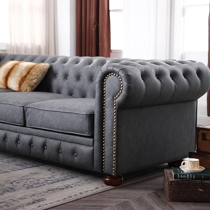 Harper &amp Bright Designs Faux Leather Upholstered 3-Seater Living Room Sofa with Button and Copper Nail on Arms Classic Chesterfield Sofa Dark Grey