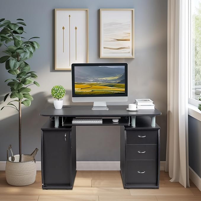 JHshop Black Writing Home Office Workstation Office Desk with Drawers Computer Desk with 3 Drawers Home Office Desks with Filing Cabinet Modern Writing Table PC Desks 115 x 55 x 74CM