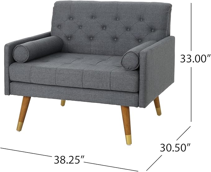 38 Comfy Chair and A Half with Button Tufted Backrest Round Armrest Pillows Mid Century Modern Oversized Accent Chair with Wood Legs for Living Room Bedroom or Small Spaces (Dark Grey)