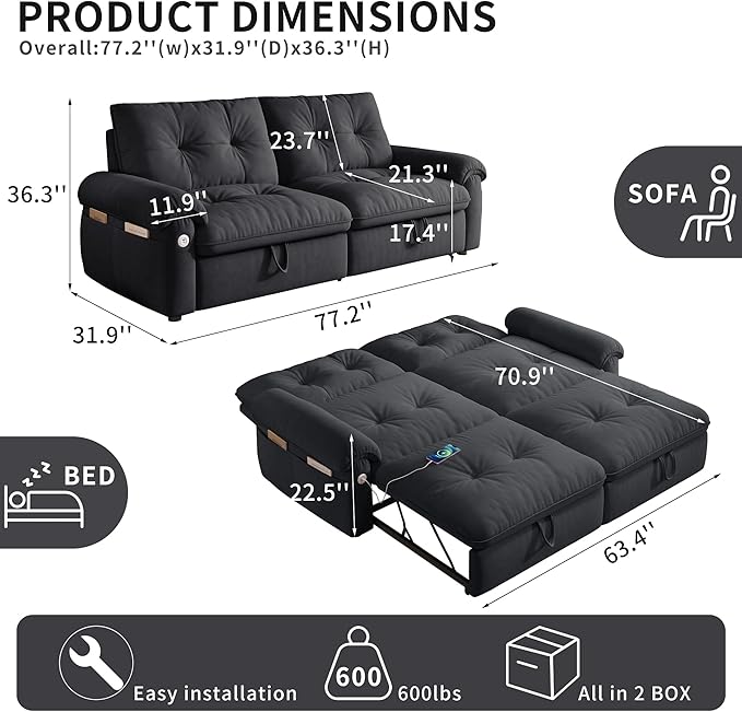 77 Queen Size Sleeper Sofa Bed Convertible Pull Out Couch with Velvet Fabric 3-in-1 Loveseat L Shaped Couch Bed with Adjustable Backrest Side Pocket &amp USB Ports for Living Room Apartment