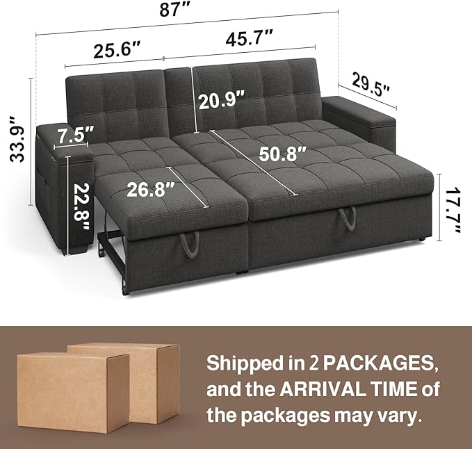 Ahomly 87 Convertible Sleeper Sofa Bed with Pull-Out Design Adjustable Backrest Wide Armrests with Storage Comfortable Pillows – Perfect for Small Spaces (Dark Grey)