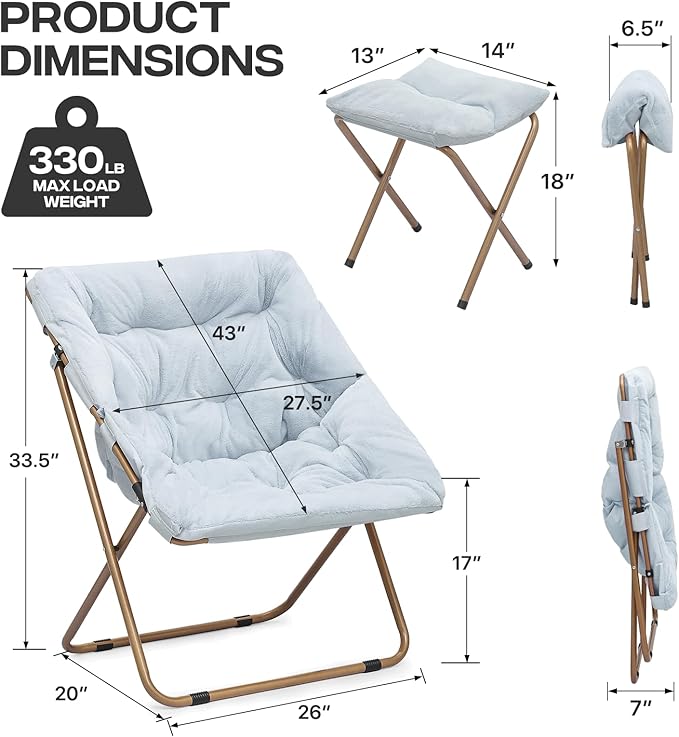 Cozy Saucer Chair Living Room Chair Faux Fur Soft Thick Padded Folding Chair Comfortable Square Moon Chair for Living Room Bedroom Reading Nook Modern Style 2 Pack Light Blue
