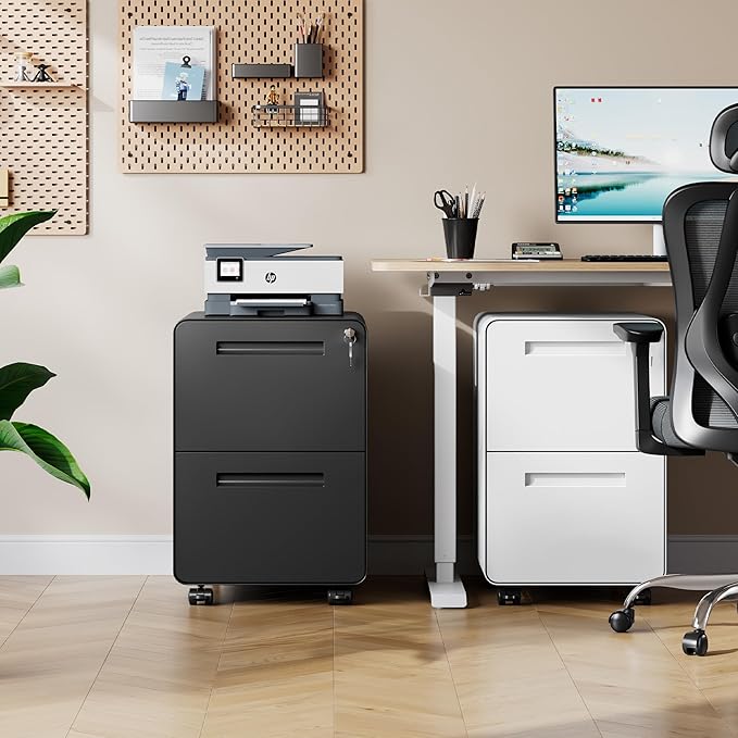 DEVAISE 2-Drawer Rounded Corner Metal File Cabinet with Lock Mobile Filing Cabinet Under Desk for Home Office Fully Assembled Printer Stand fits Letter/Legal Size Black 20 D x 15.8 W x 25 H