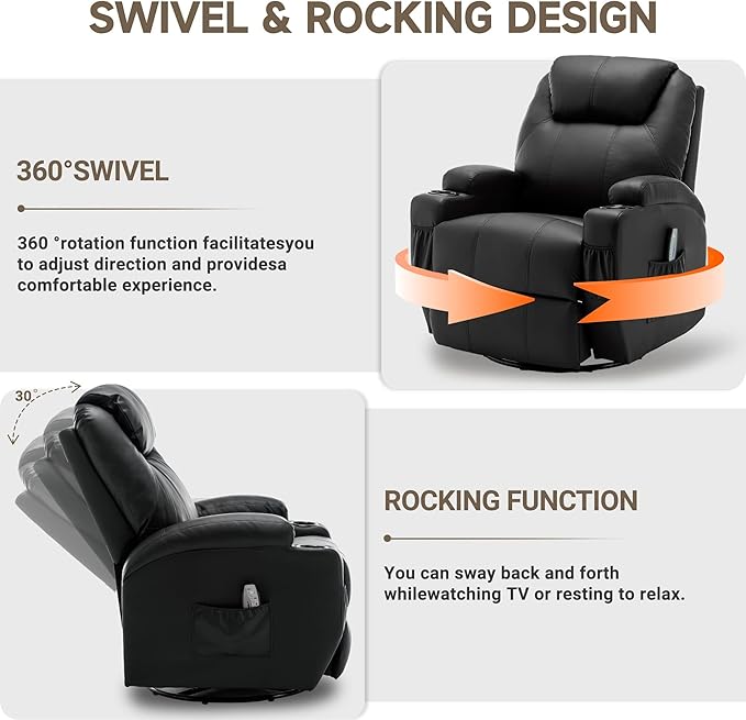 Recliner Chair Rocking Chair with Massage and Heat 360° Swivel Recliner Chairs for Adults Rocker Manual Recliner with Remote Control and Cup Holder for Living Room Bedroom Nursery