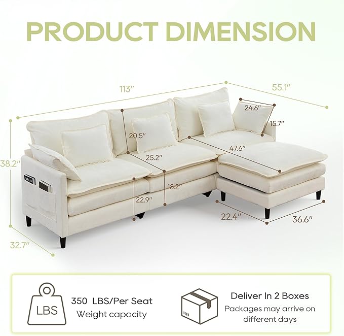 113 Chenille Modular Sectional Sofa Convertible L Shaped Modular Sofa Comfy Cloud Couch with Ottoman Side Pockets and 5 Throw Pillows for Living Room (Beige 113'' - 4 Seat)