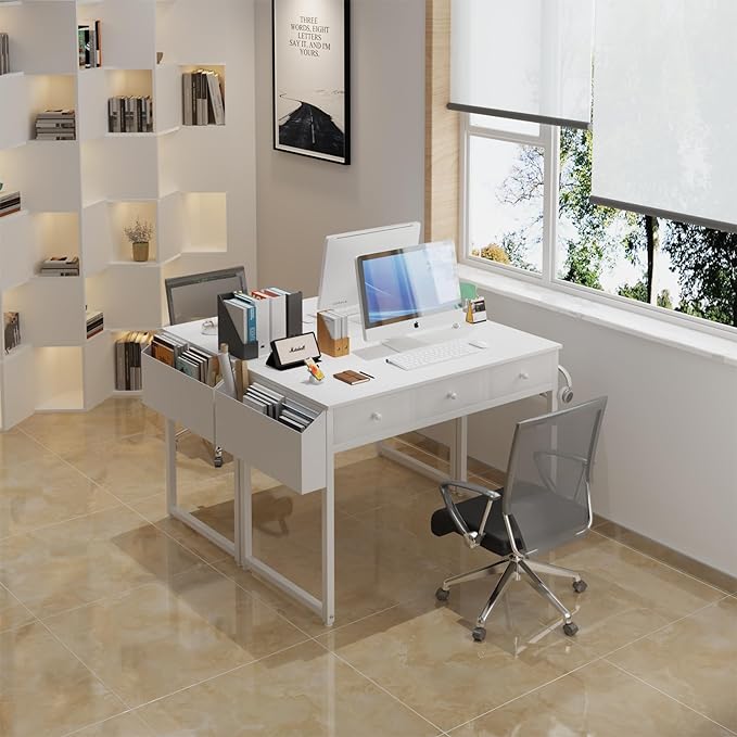 Lufeiya Small White Computer Desk with Drawers for Home Office Bedroom 40 Inch Vanity Desk with Fabric Drawer Storage and Side Pouch Study Writing Table White