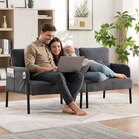 Loveseat Sofa 67” Small Sofa Couch for Living Room Comfy Corduroy Fabric Love Seat for Bedroom with Throw PillowRemovable Cushion CoverCouches for Small SpaceApartmentDorm (Gray)