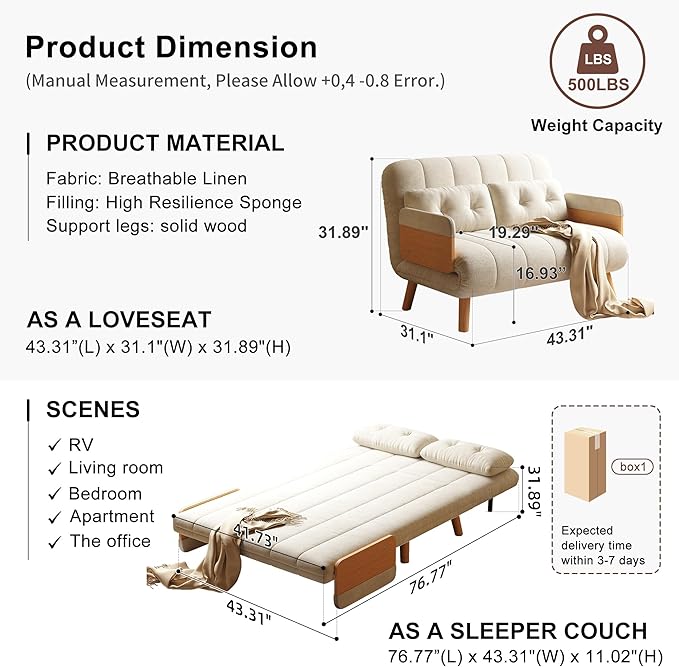 Convertible Chair Bed Futon Sofa Bed Sleeper Chair with Solid Wood Leg and Storage Pocket Linen Fabric Sofa Couch Guest Bed for Living Room Bedroom Office Apartment (43.31)