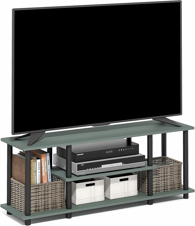 Furinno Turn-N-Tube TV Stand 3-Tier Open Frame Rectangular Entertainment Center with Storage Shelf TV Console for TV up to 50 Inch Toolless Assembly for Living Room Bedroom Sage Green