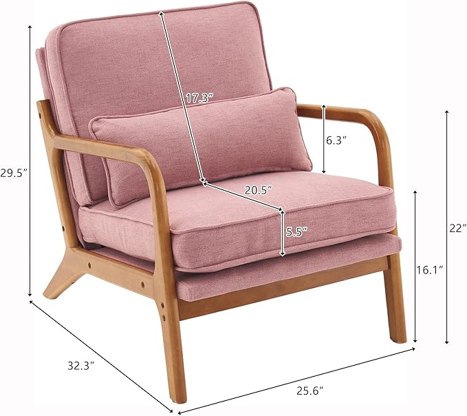 JOYBASE Lounge Accent Chair Mid Century Modern Chair Arm Chair Wood Frame Armchair for Living Room Bedroom (Pink Fabric)